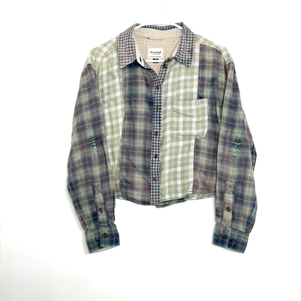 American Eagle 1977 Patchwork Plaid Distressed Shirt XS Grunge